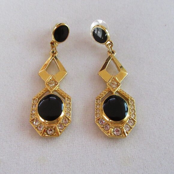 Avon faux onyx & clear rhinestone dangling pierced earrings - Victorian Revival - Picture 5 of 7